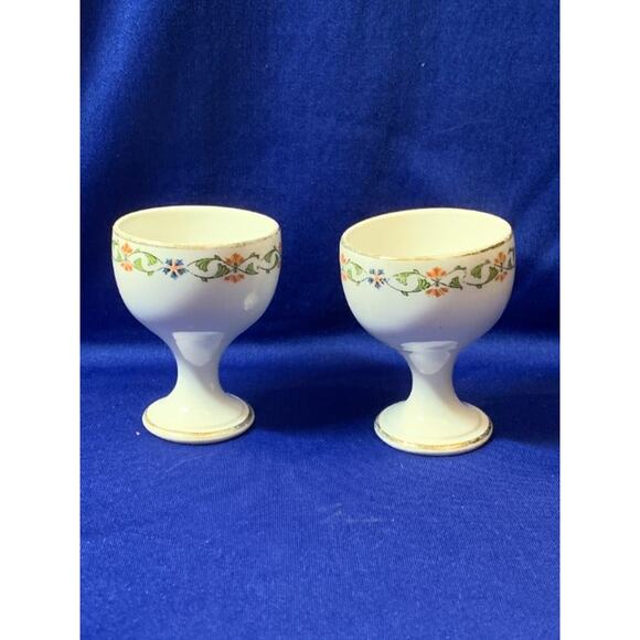 Porcelain Pair of Egg Cups Cream Color Orange and Green Design - Picture 2 of 6